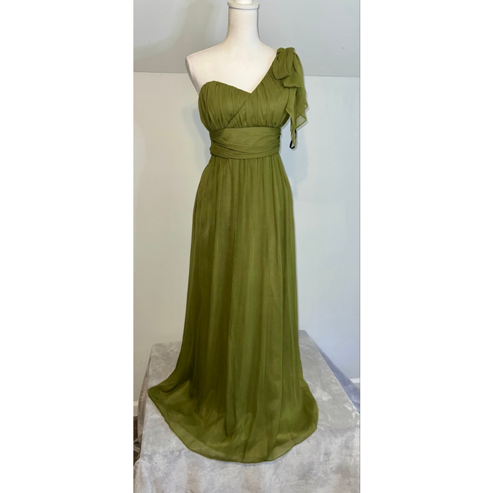 Women's 100% Silk COREN MOORE Olive Green One Shoulder Dress Size 4